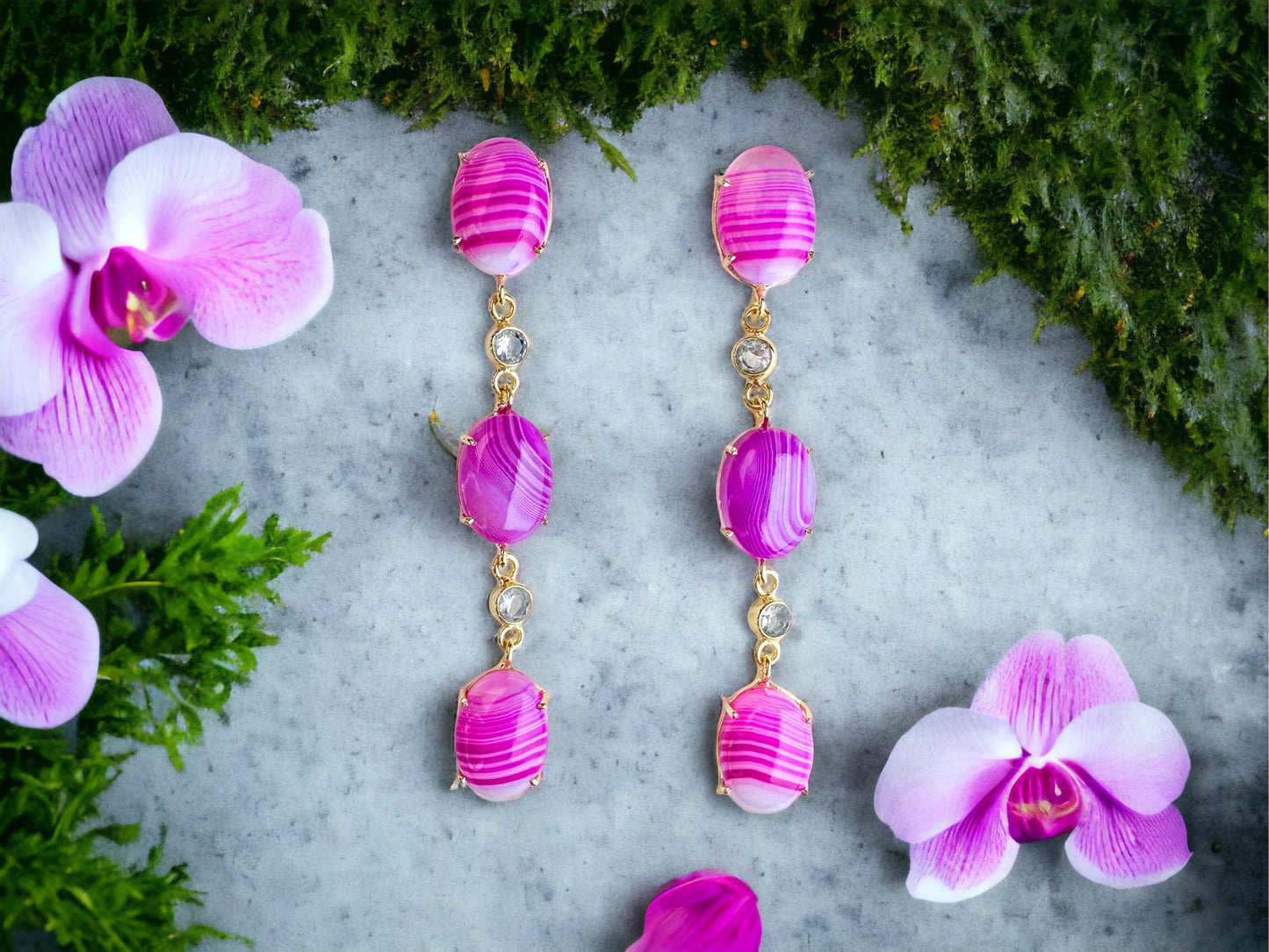 Olivia Pink Striped Agate Gemstone Statement Earrings