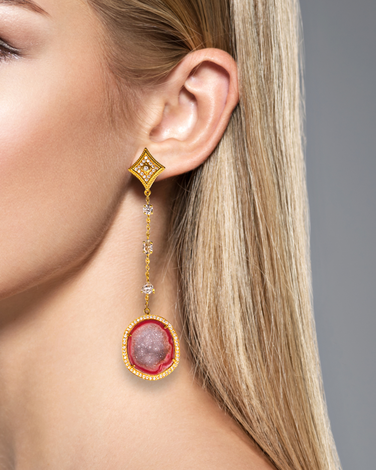 Red Geode and Crystal Gold Statement Drop Earrings