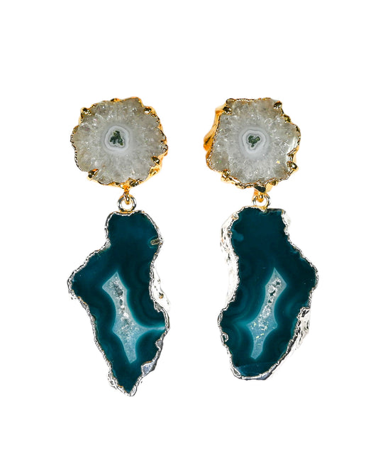 One of a Kind White Solar Geode and Teal Blue Agate Statement Earrings