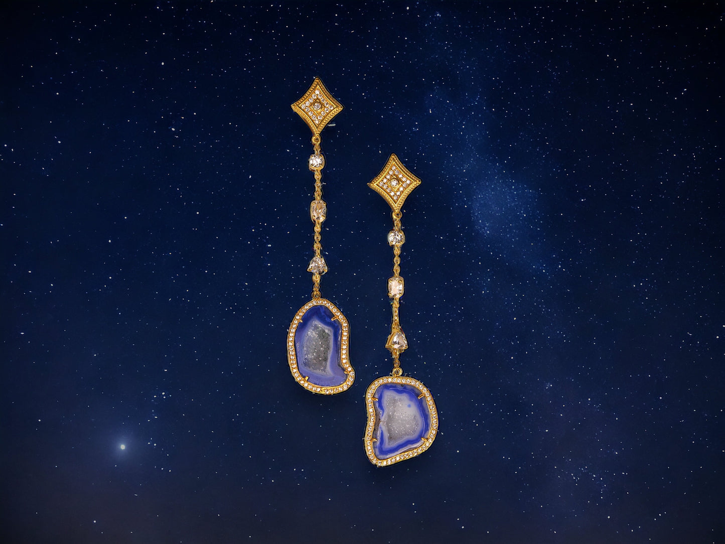 Light Blue Geode and Crystal Gold Statement Drop Earrings