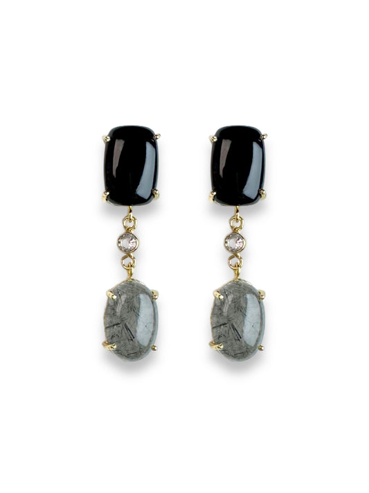 Ava Gemstone Statement Earrings in Black Onyx and Black Rutilated Quartz