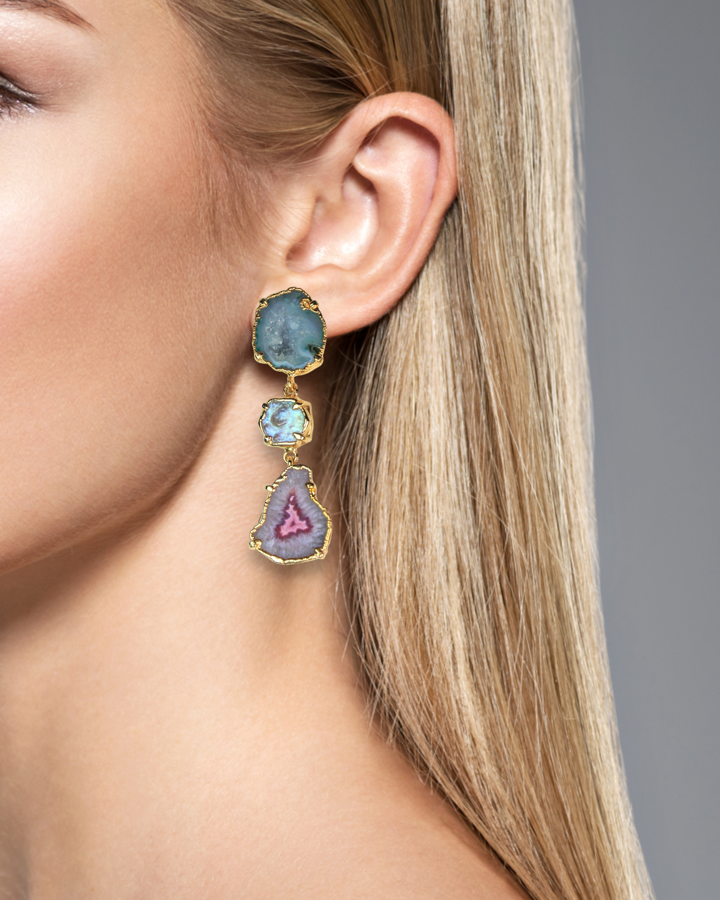 One of a Kind Pastel Blue Geode Earrings with Iridescent Pearl and Pink Agate