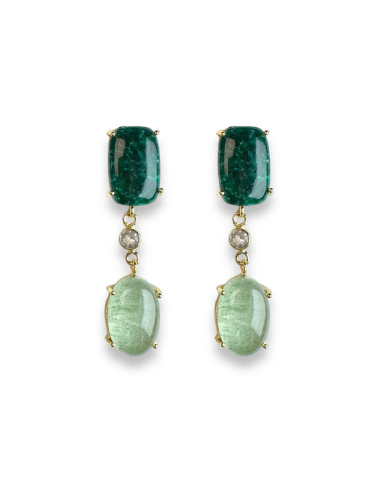 Sage Gemstone Statement Earrings in Emerald and Green Strawberry Quartz