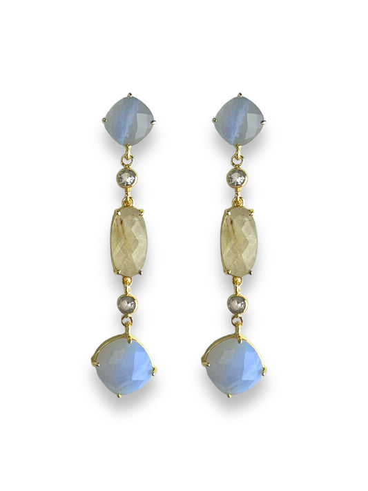 Delilah Gemstone Statement Earrings in Blue Lace Agate and Golden Rutilated Quartz