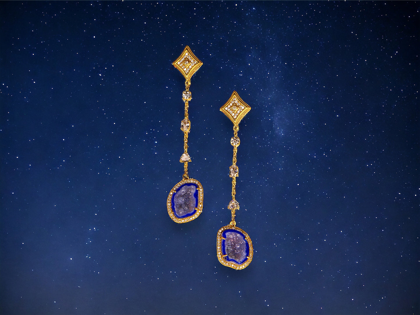 Dark Midnight Blue Geode and Crystal Statement Drop Earrings