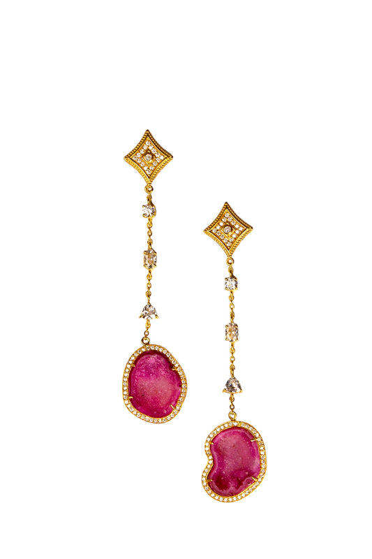 Hot Pink Geode and Crystal Gold Statement Drop Earrings