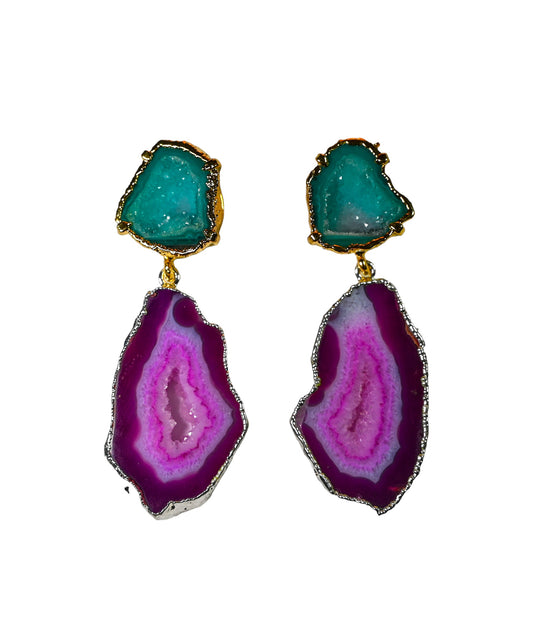 One of a Kind Green Geode and Pink Agate Statement Earrings