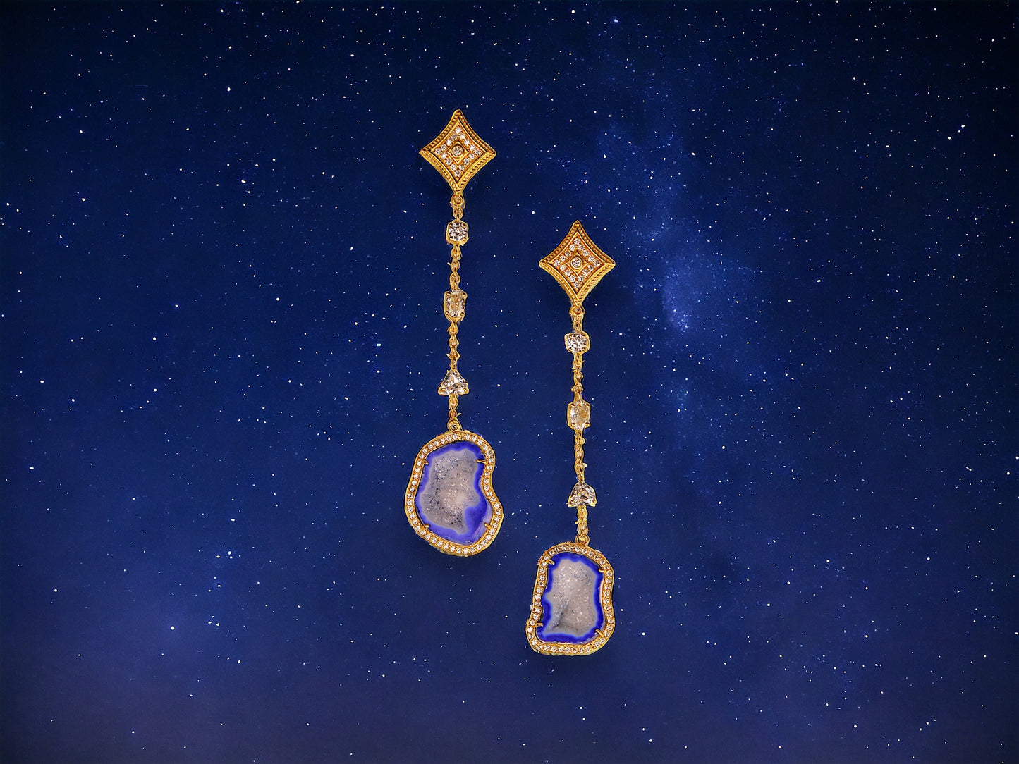 Blue Geode and Crystal Gold Statement Drop Earrings