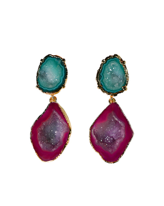 One of a Kind Teal Green and Pink Geode Crystal Statement Earrings