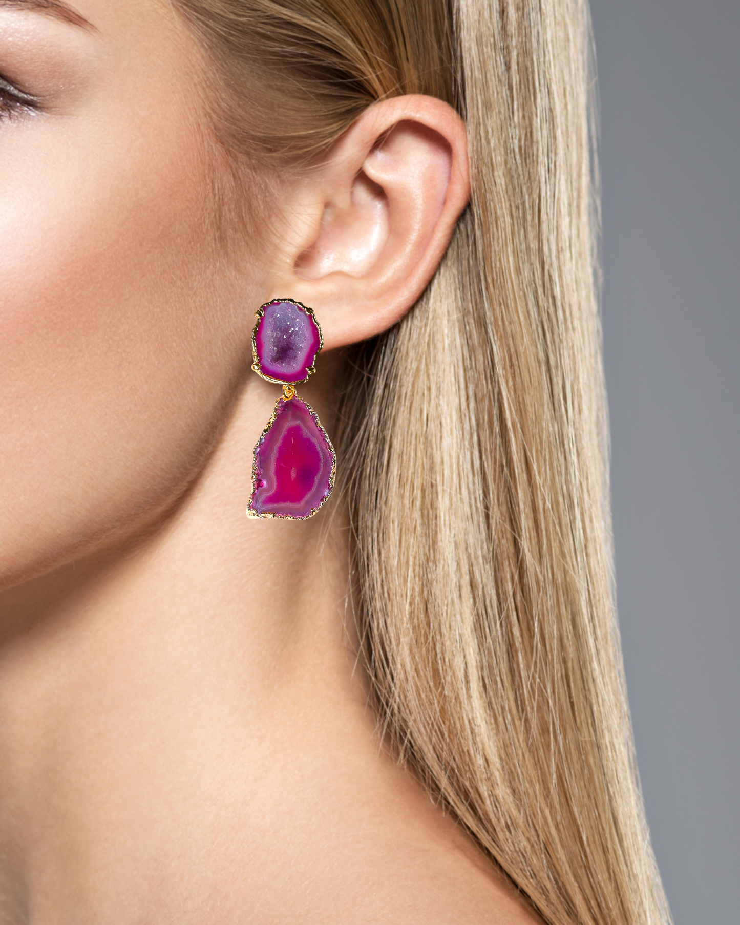 One of a Kind Hot Pink Geode and Agate Crystal Statement Earrings