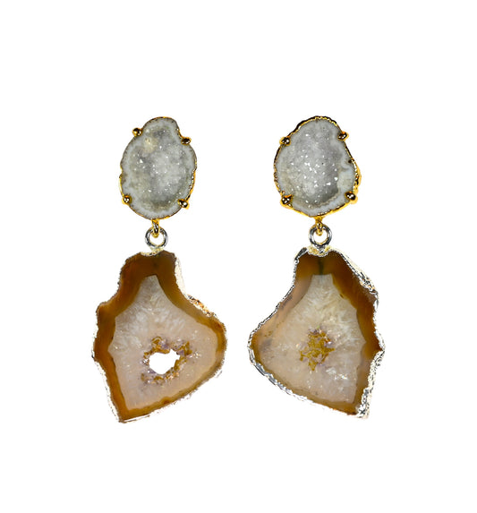 One of a Kind White Geode and Tan Agate Statement Earrings