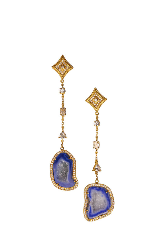 Light Blue Geode and Crystal Gold Statement Drop Earrings