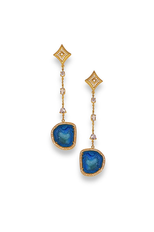 Blue Geode and Crystal Statement Drop Earrings