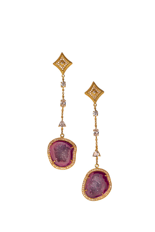 Wine Red Geode and Crystal Gold Drop Earrings