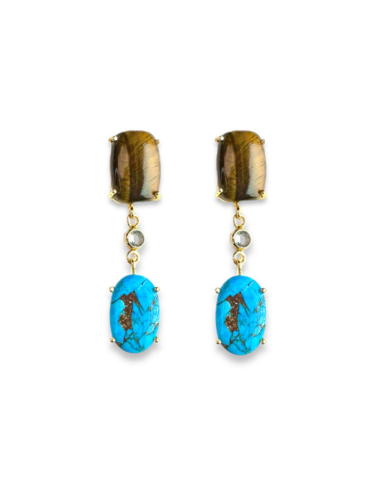 Yara Gemstone Statement Earrings in Tiger's Eye and Turquoise