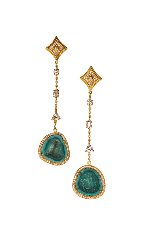 Emerald Green Geode and Crystal Gold Statement Drop Earrings