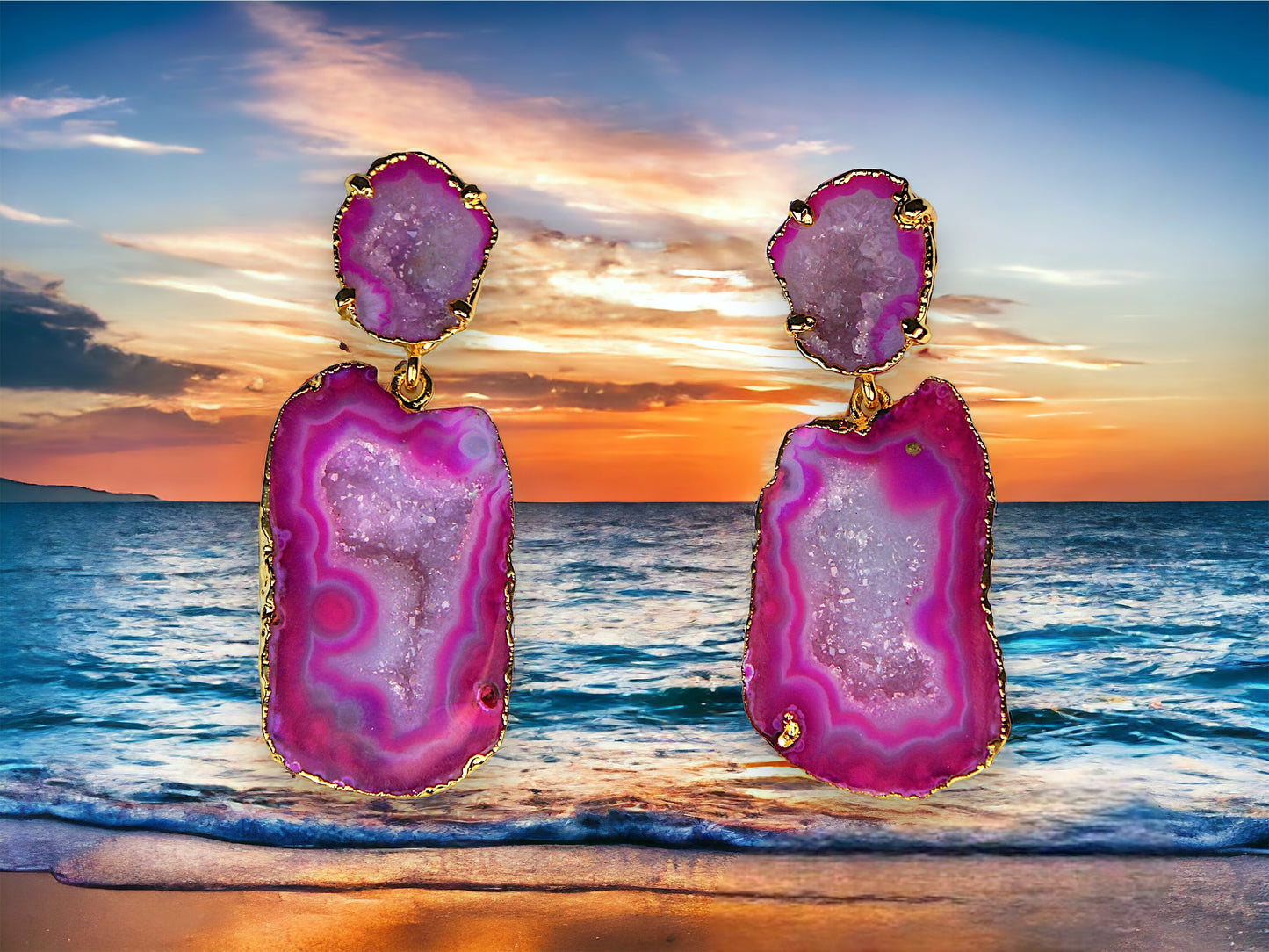 One of a Kind Hot Pink Crystal Geode Statement Drop Earrings