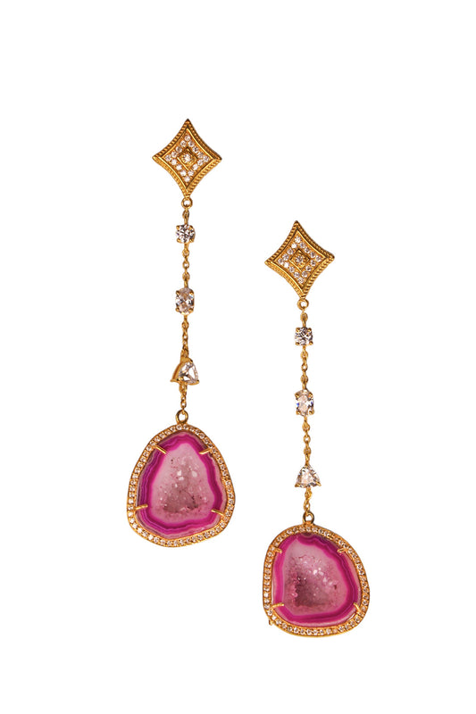 Fuchsia and Light Pink Geode and Crystal Gold Statement Drop Earrings