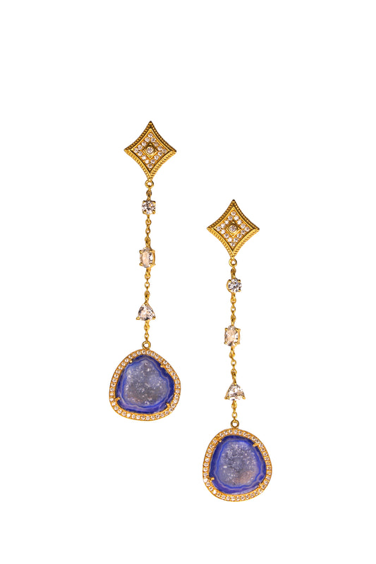 Royal Blue Geode and Crystal Gold Statement Drop Earrings