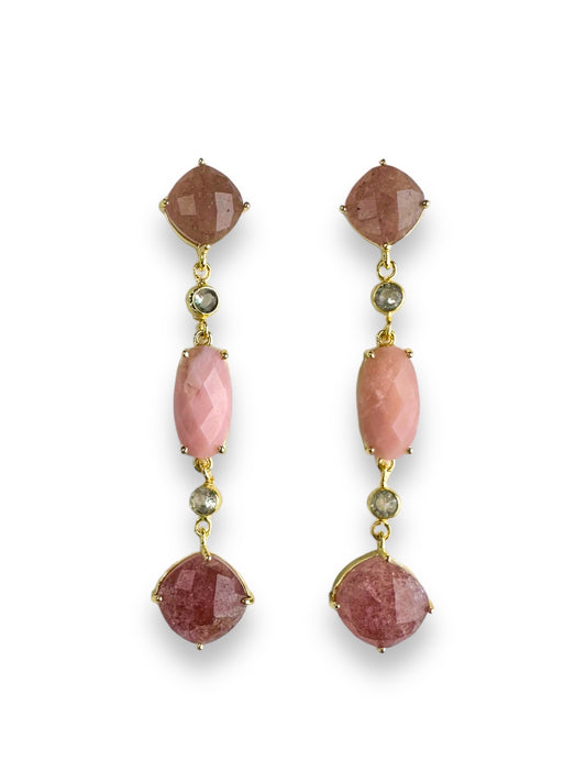 Camelia Gemstone Statement Earrings in Cherry Quartz and Pink Opal