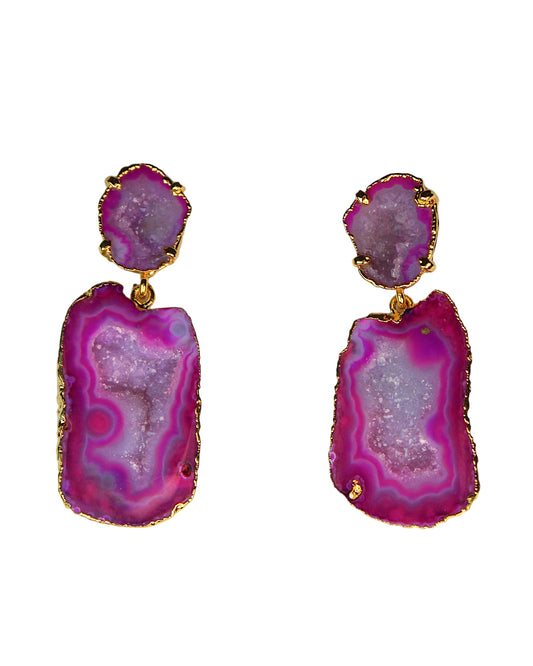 One of a Kind Hot Pink Crystal Geode Statement Drop Earrings