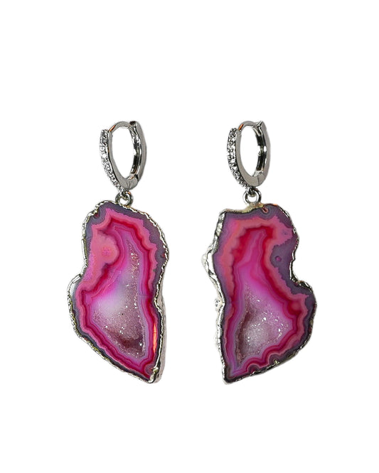 One of a Kind Pink Geode Drop Statement Earrings