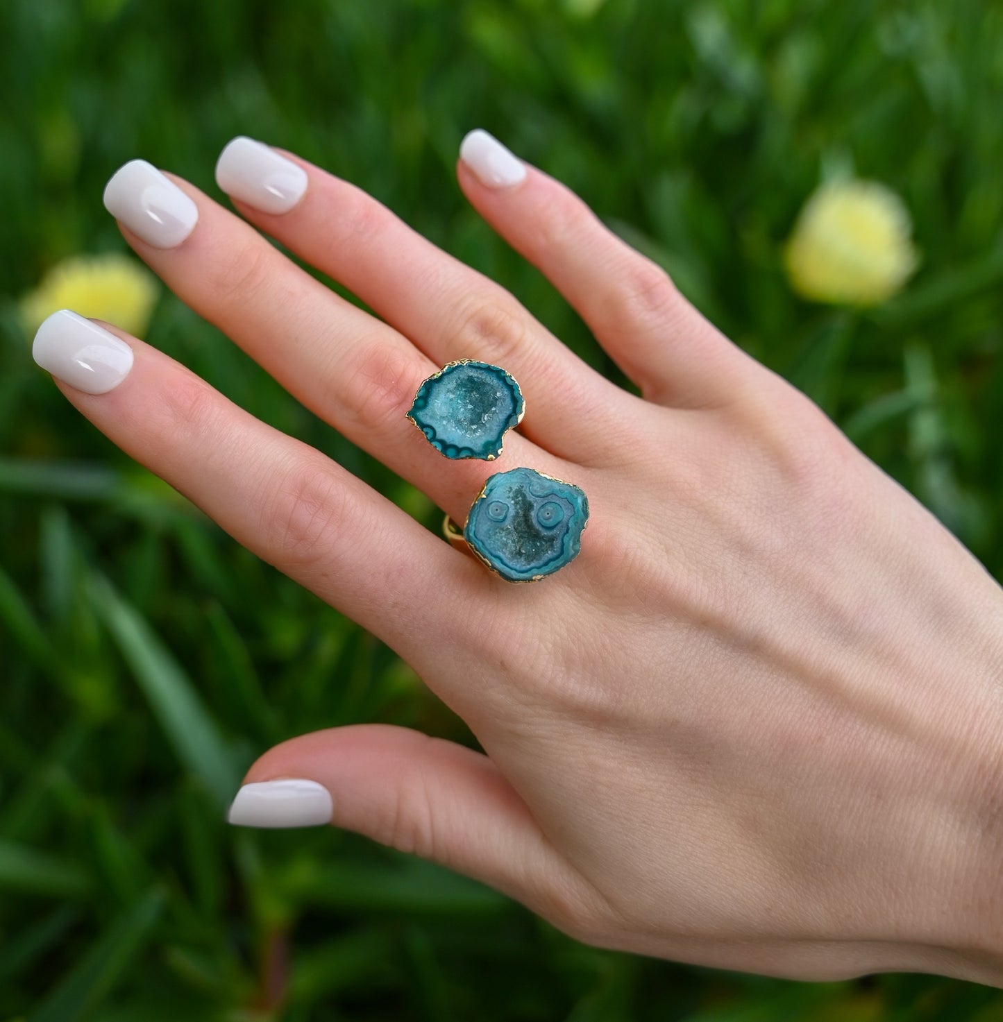 Jade Dark Teal Blue Double Geode Ring