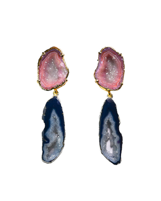 One of a Kind Pink and Blue Crystal Geode Statement Drop Earrings in Two Tone Silver and Gold Hardware