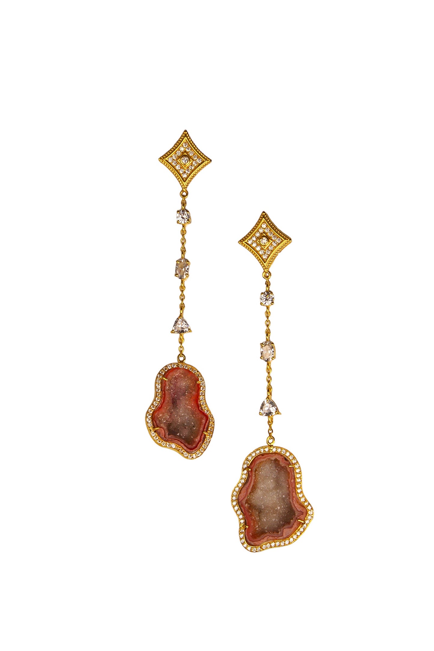 Orange Geode and Crystal Statement Drop Earrings