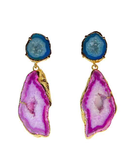 One of a Kind Blue and Pink Crystal Geode and Agate Statement Earrings