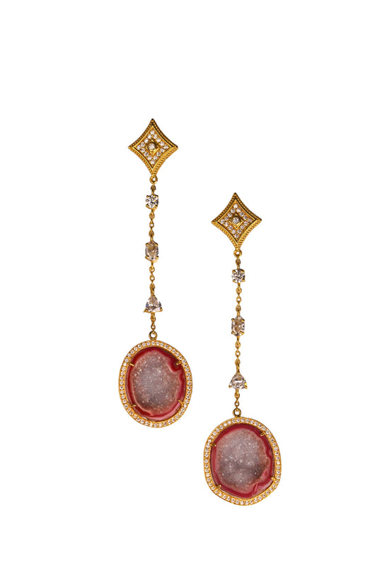 Red Geode and Crystal Gold Statement Drop Earrings
