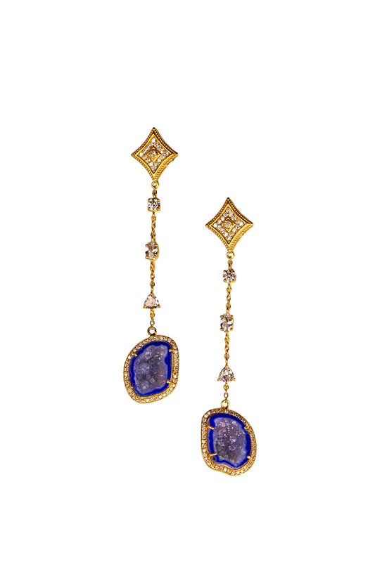 Dark Midnight Blue Geode and Crystal Statement Drop Earrings