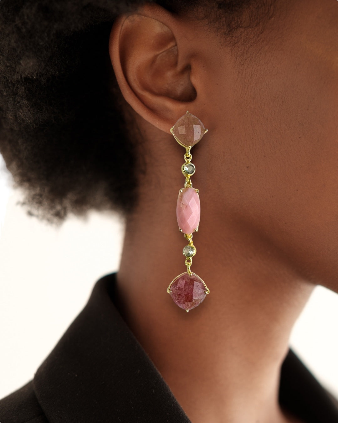 Camelia Gemstone Statement Earrings in Cherry Quartz and Pink Opal