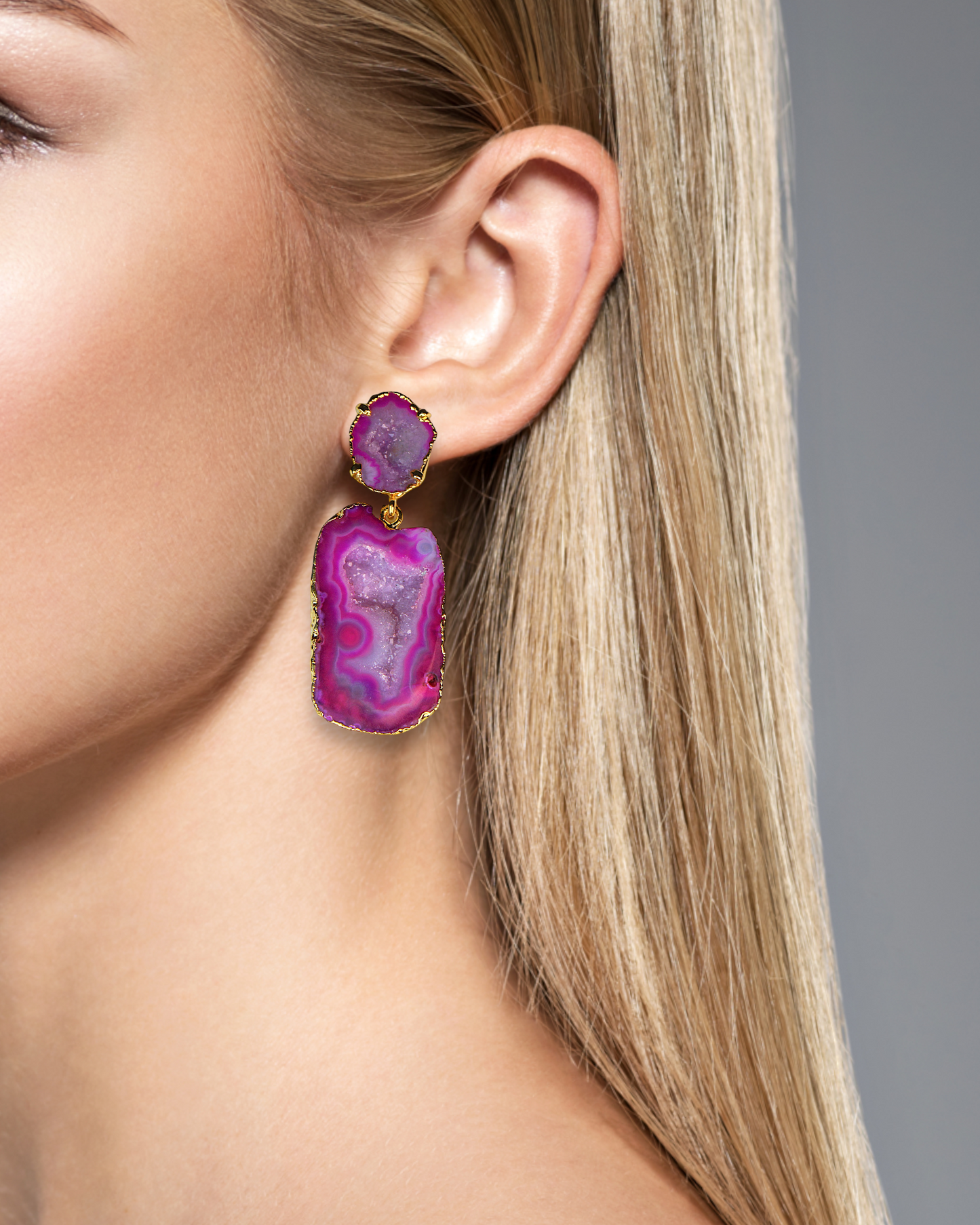 One of a Kind Hot Pink Crystal Geode Statement Drop Earrings