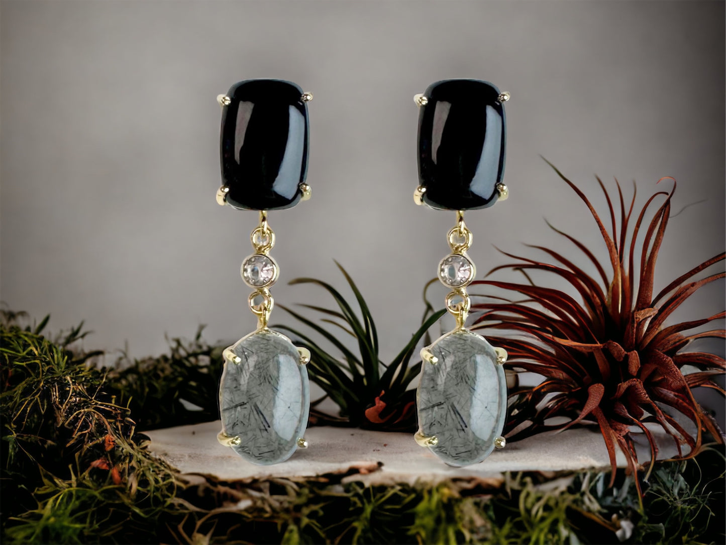 Ava Gemstone Statement Earrings in Black Onyx and Black Rutilated Quartz