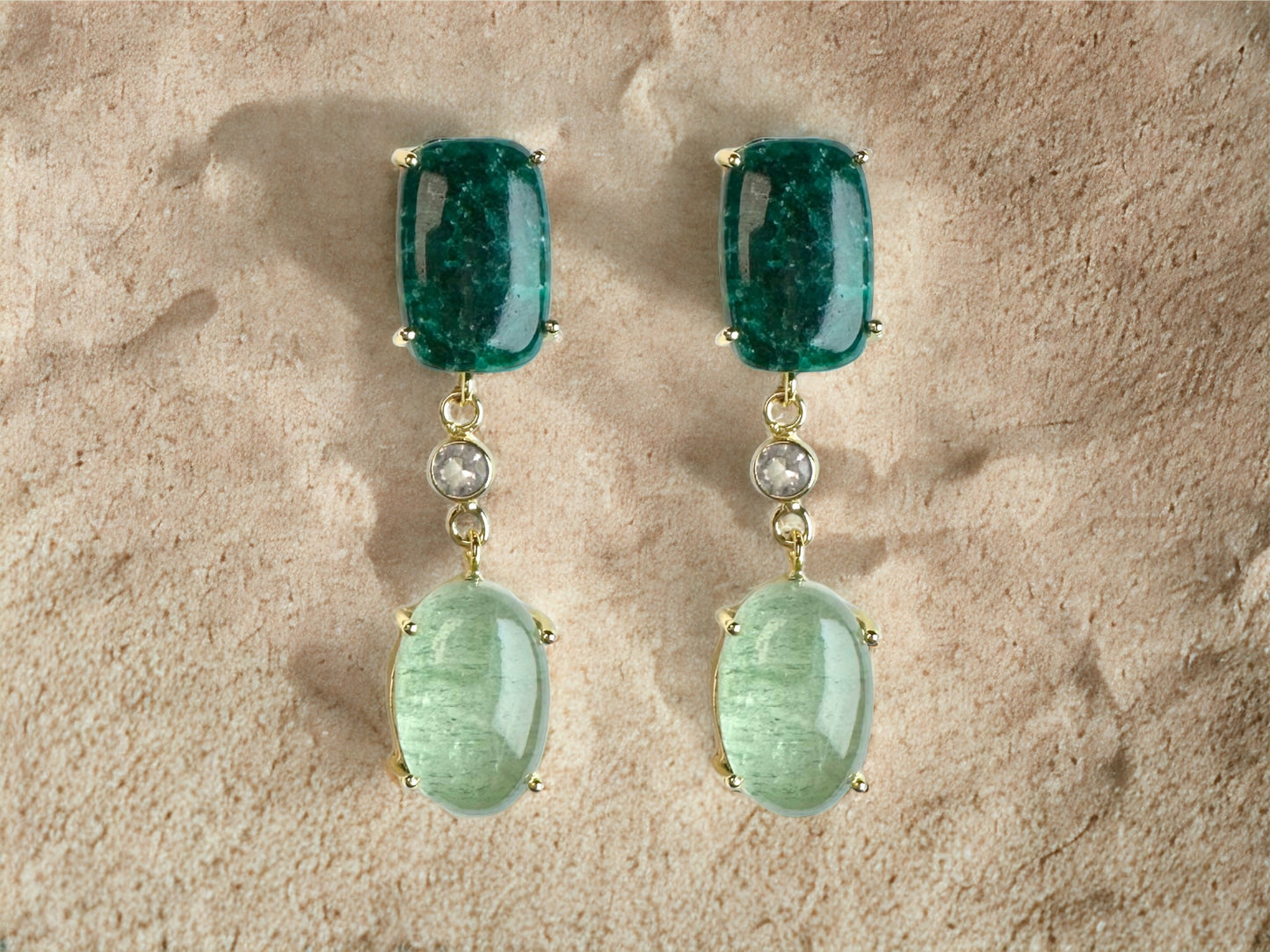 Sage Gemstone Statement Earrings in Emerald and Green Strawberry Quartz