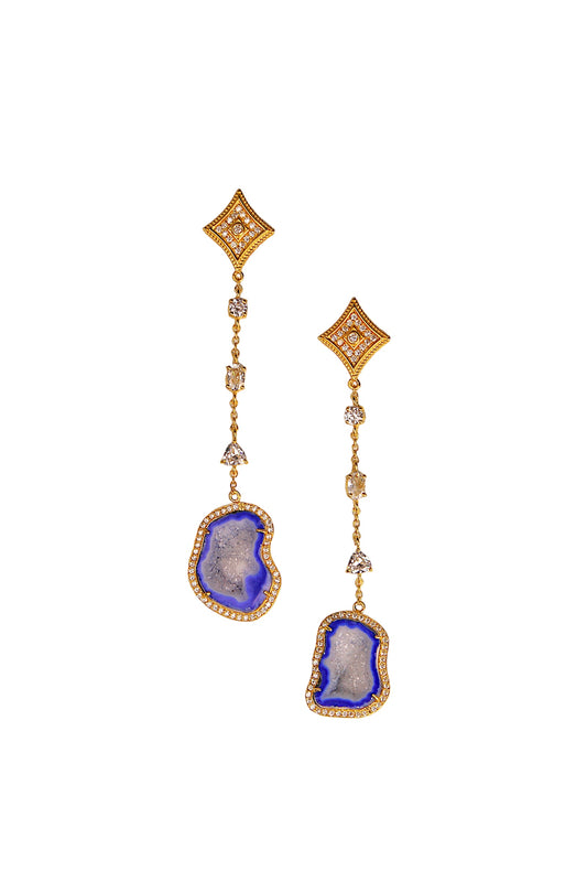 Blue Geode and Crystal Gold Statement Drop Earrings
