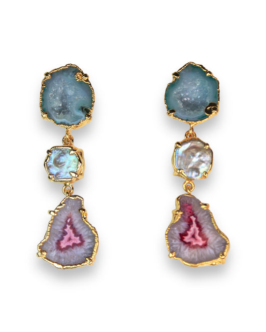 One of a Kind Pastel Blue Geode Earrings with Iridescent Pearl and Pink Agate