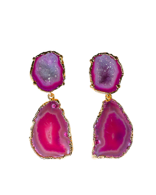 One of a Kind Hot Pink Geode and Agate Crystal Statement Earrings