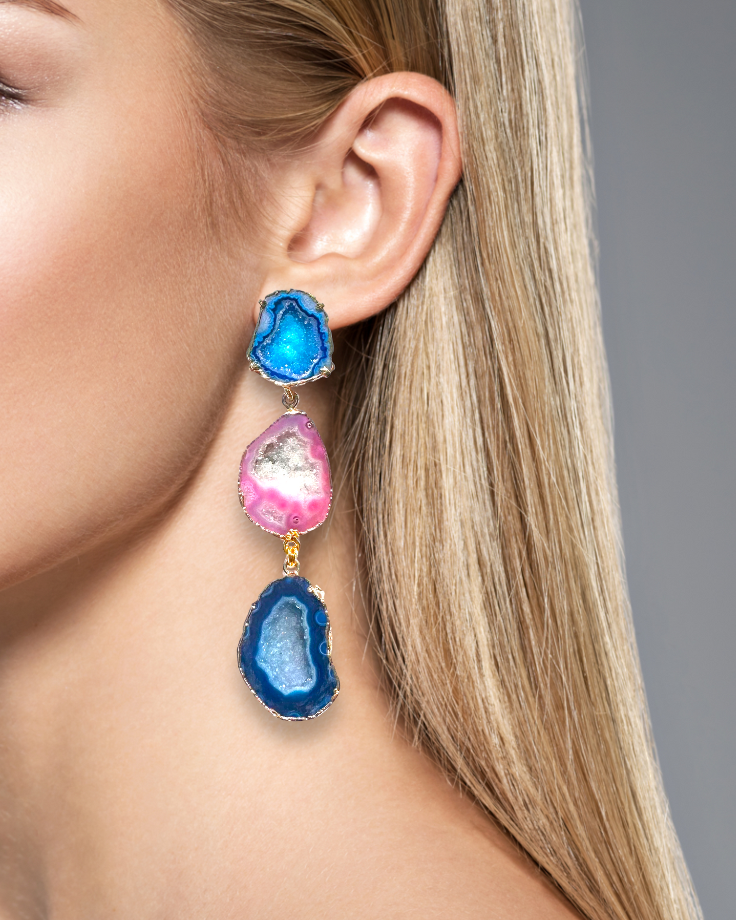 Melody Blue and Pink Geode Statement Earrings