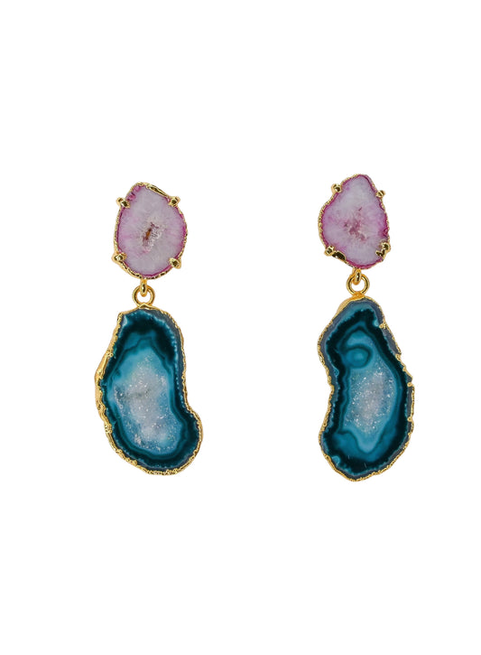 Teal Pink and Blue Geode Statement Earrings