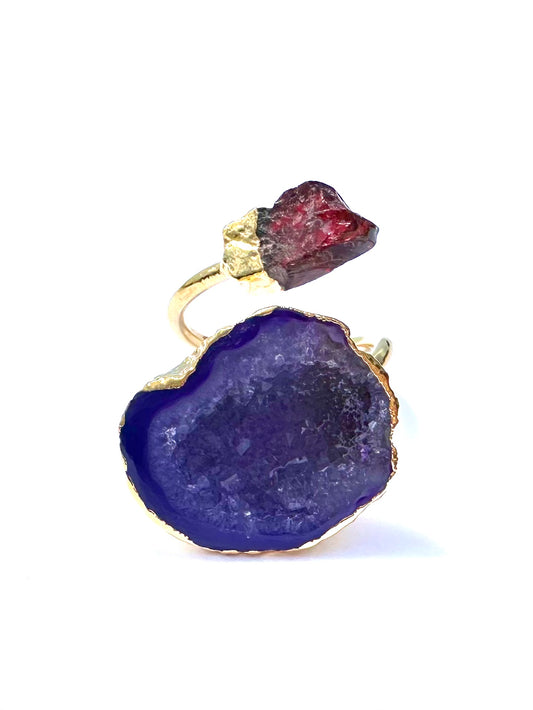 Venus Blue Geode and Ruby Statement Ring
