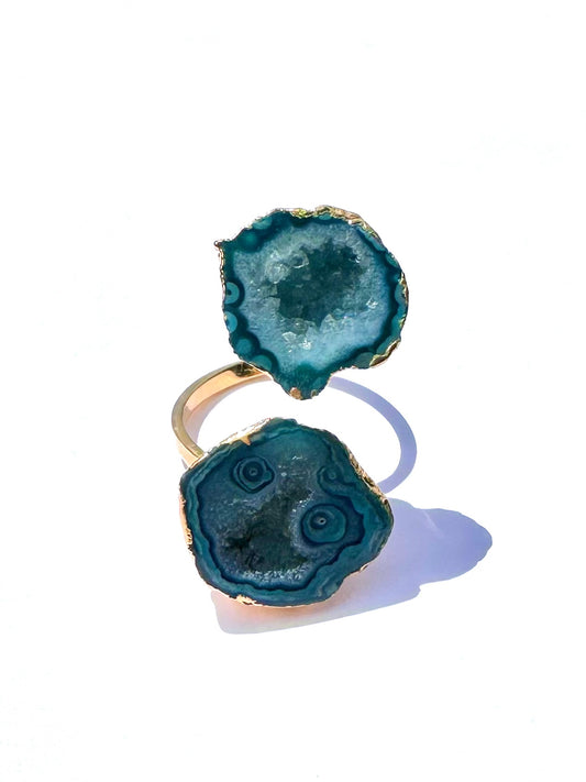 Jade Dark Teal Blue Double Geode Ring