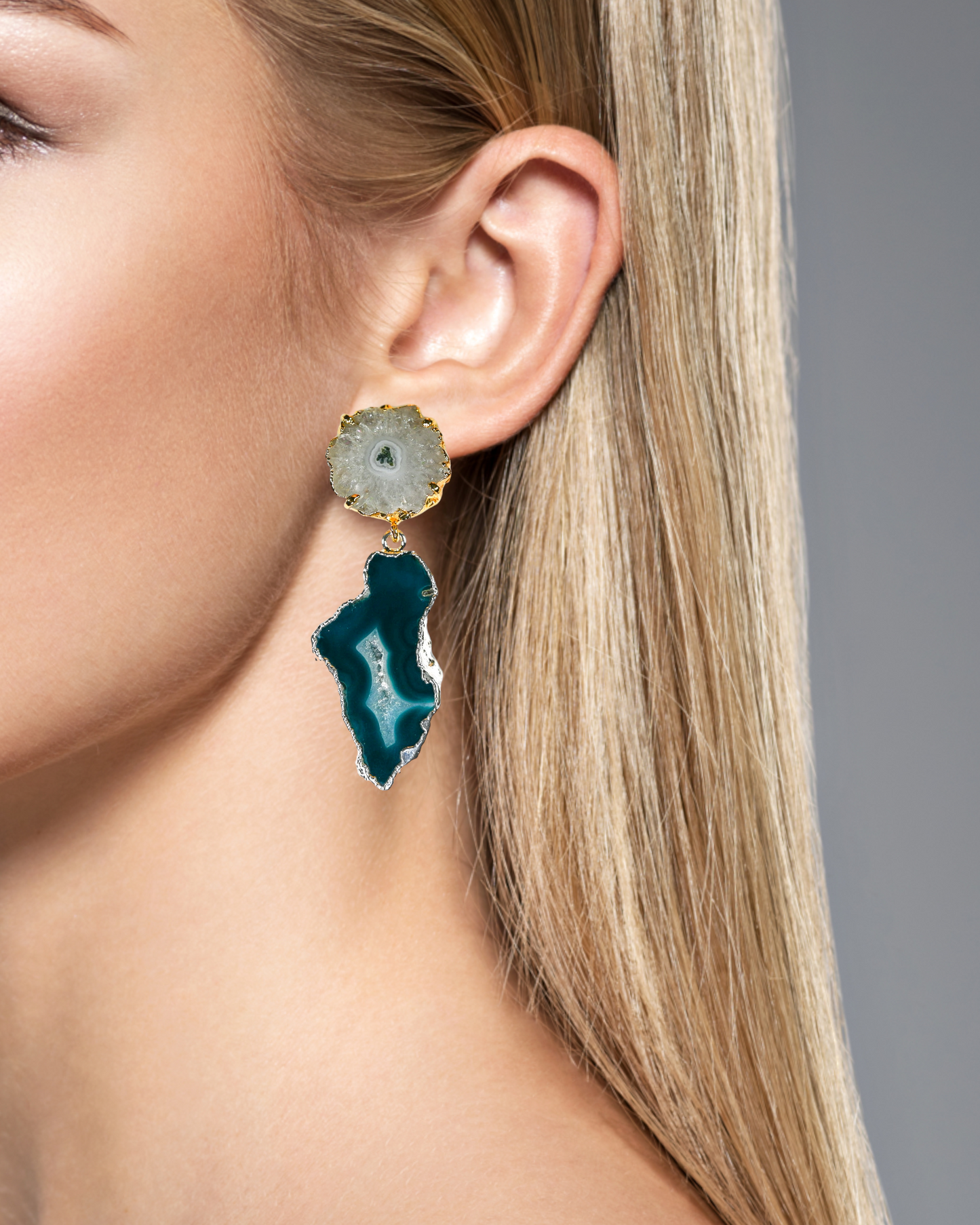 One of a Kind White Solar Geode and Teal Blue Agate Statement Earrings