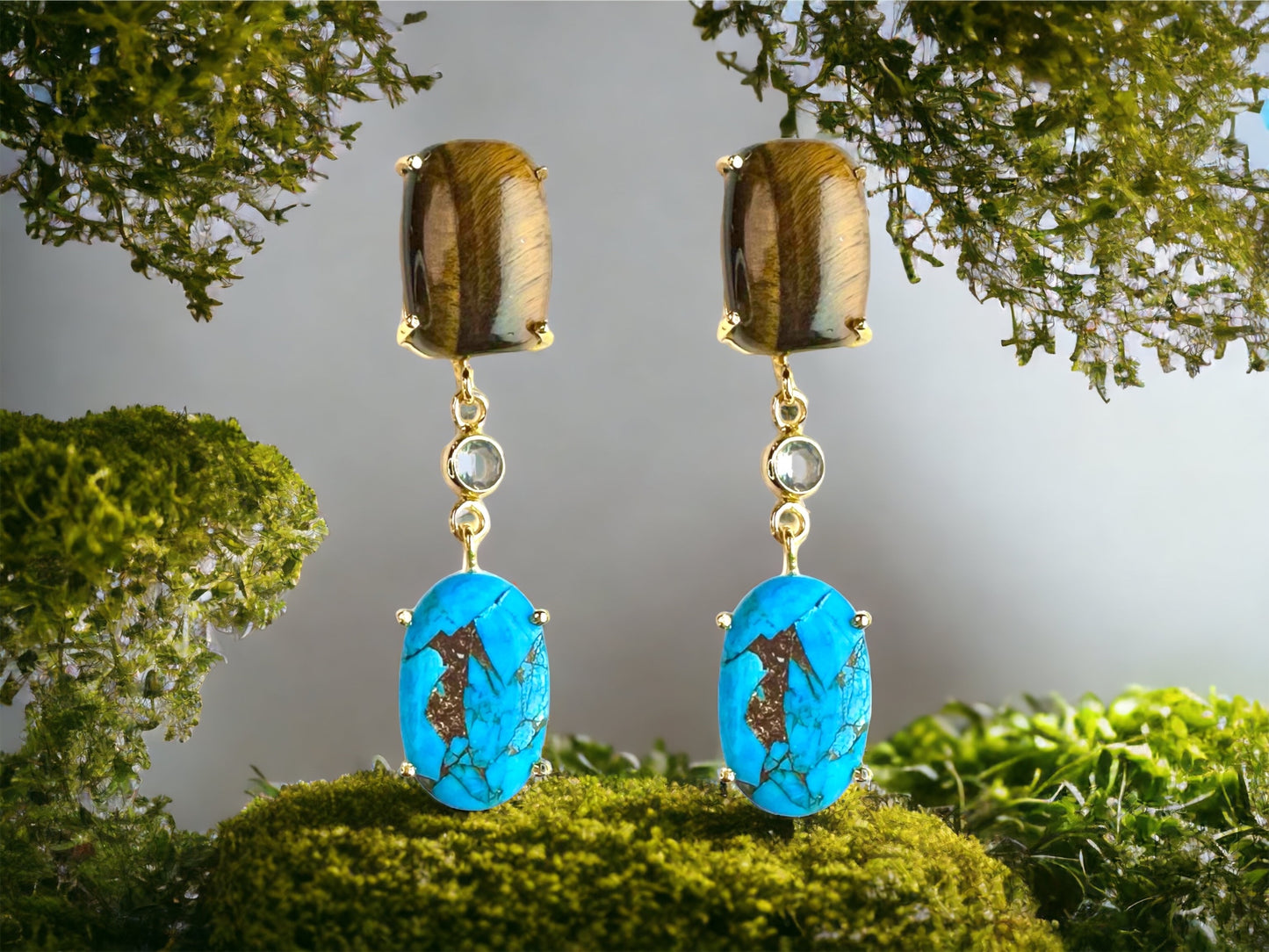 Yara Gemstone Statement Earrings in Tiger's Eye and Turquoise