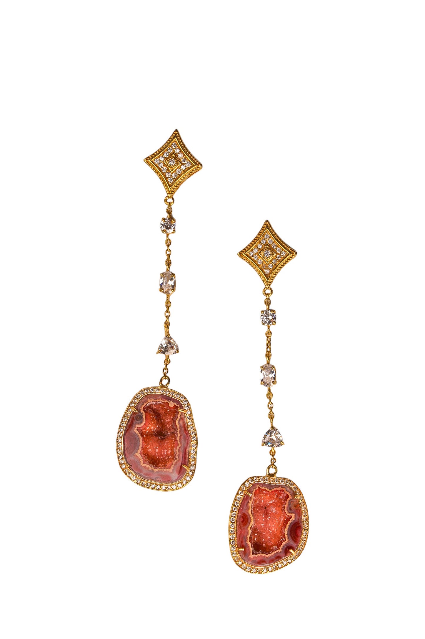 Dark Orange Geode and Crystal Gold Statement Drop Earrings