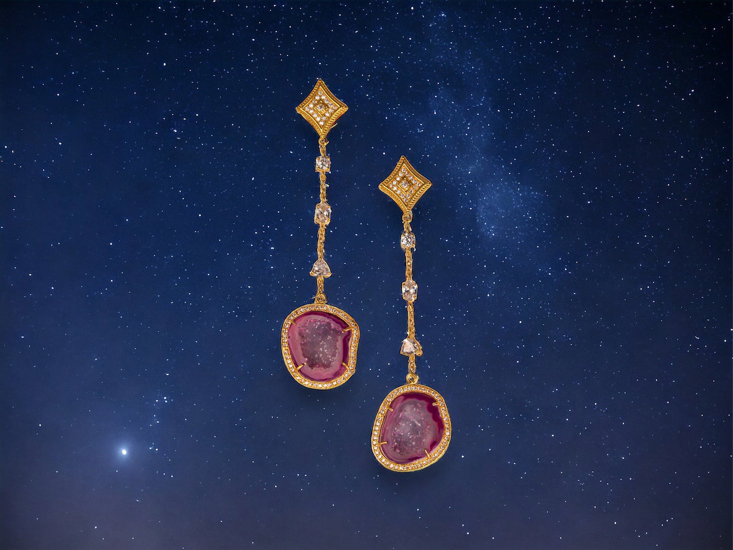 Wine Red Geode and Crystal Gold Drop Earrings