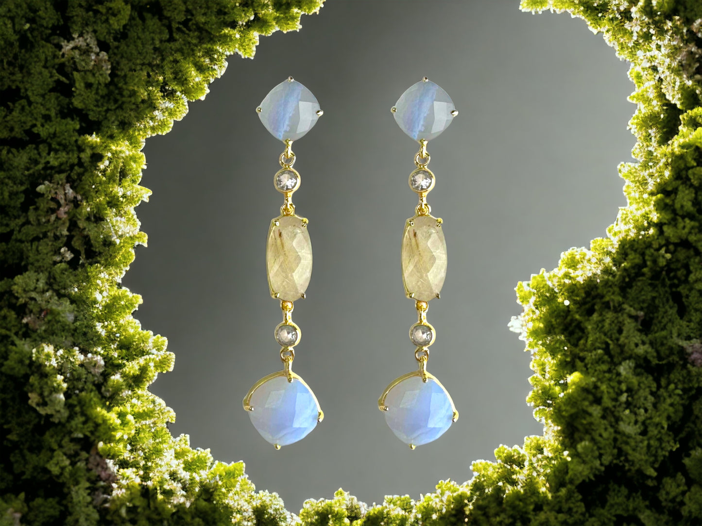 Delilah Gemstone Statement Earrings in Blue Lace Agate and Golden Rutilated Quartz