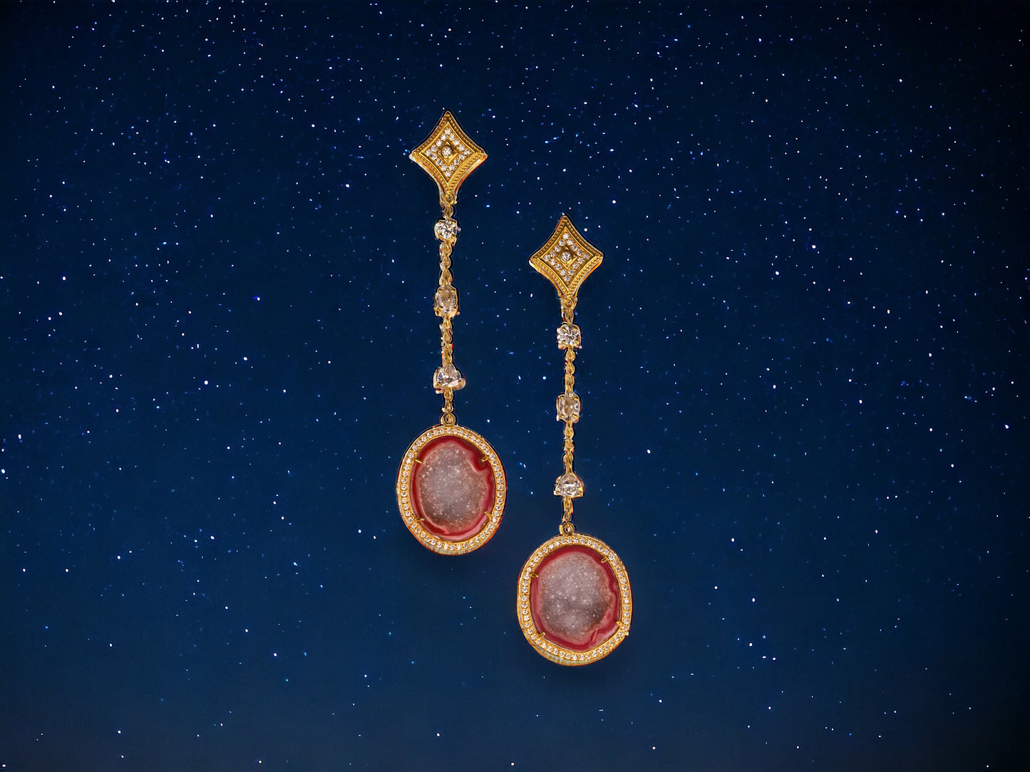 Red Geode and Crystal Gold Statement Drop Earrings