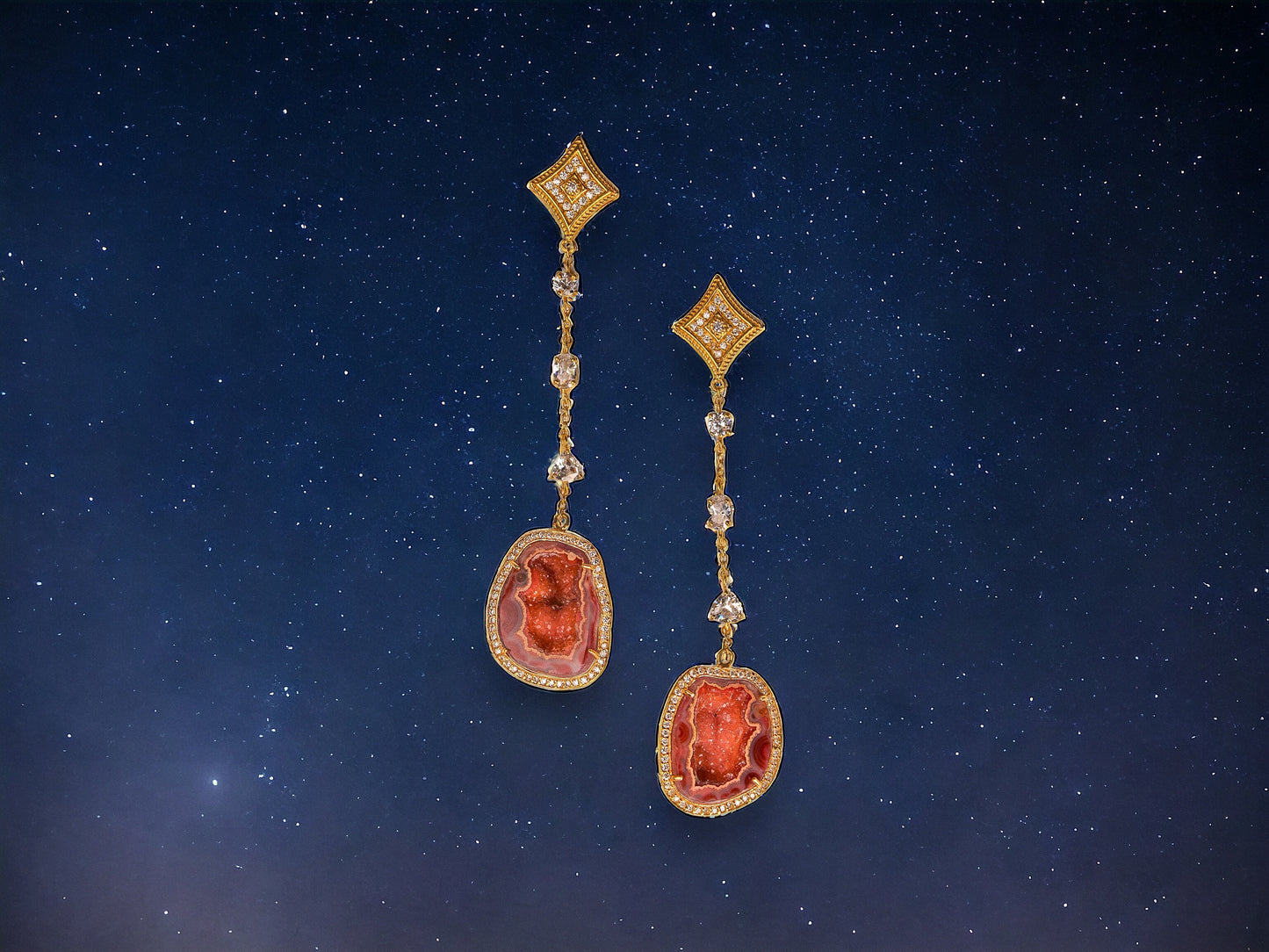 Dark Orange Geode and Crystal Gold Statement Drop Earrings